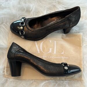 NWOT AGL Black Patent Leather & Metallic Bronze Classic Pumps size 36.5/US 6.5